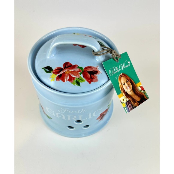 Pioneer Women Kitchen Pioneer Woman Garlic Keeper Stoneware Melody Blue Red Vintage Floral